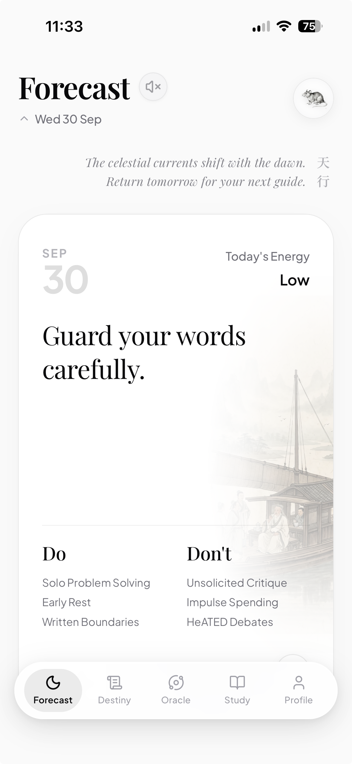 BaZi Forecast screen with Daily Qi and dos and don’ts